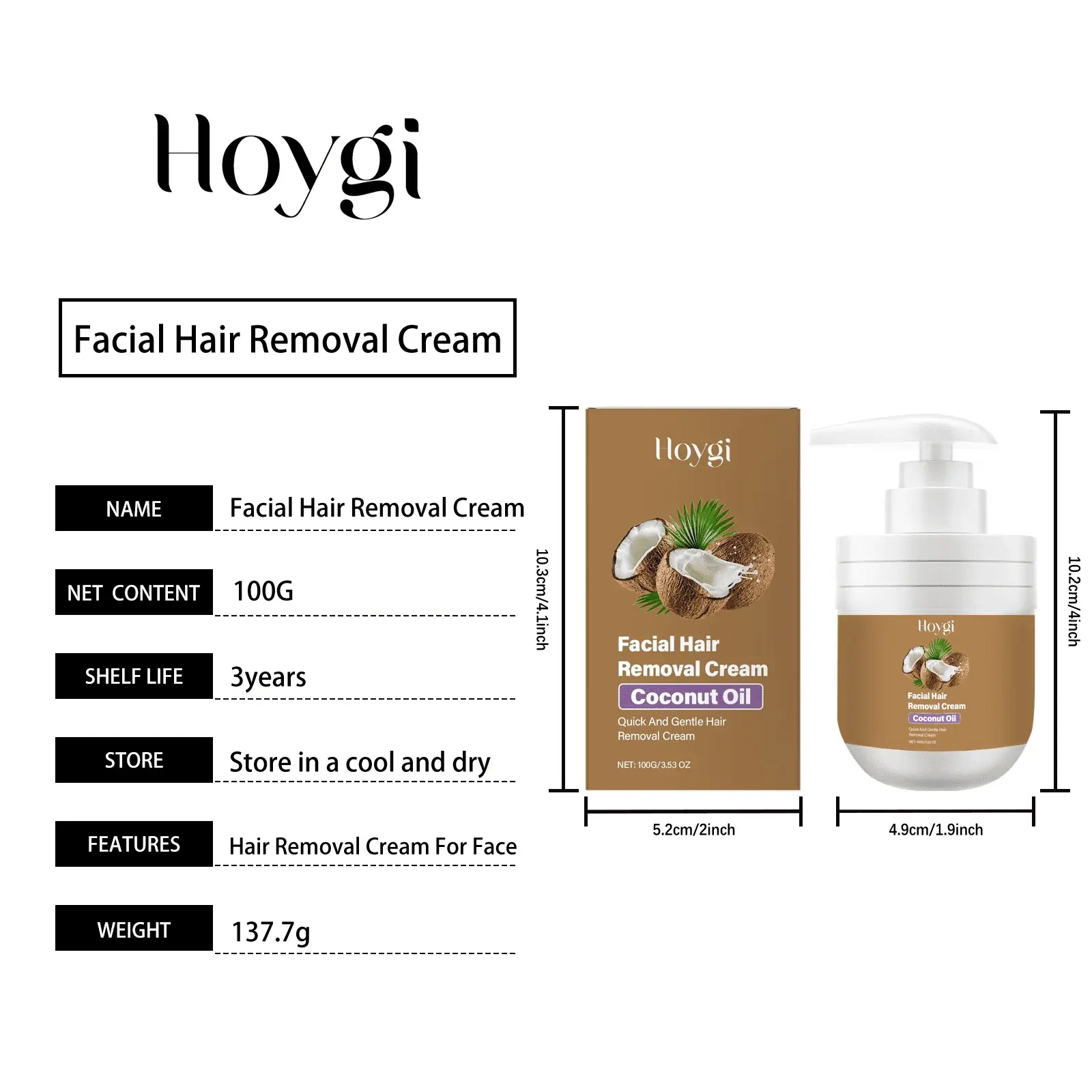 Facial Hair Removal Cream with Coconut Oil for Men & Women - Hoygi 1 HO A05 0840 01 14265064